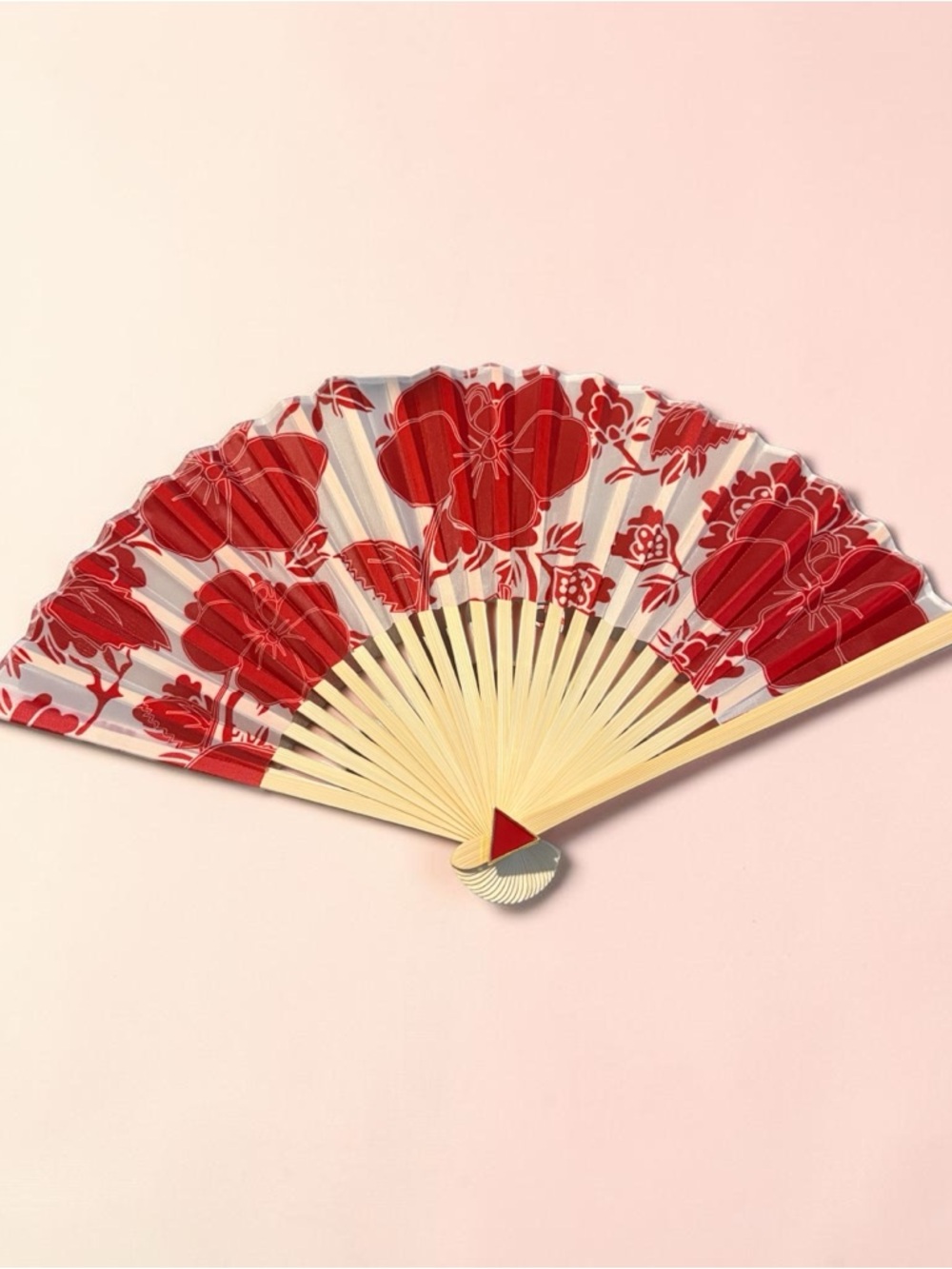 Delta Sigma Theta-Themed Red Floral Folding Hand Fan with Pyramid Detail